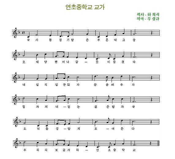 국사봉 정기받은 푸른 내고장 
오대양 뻗어나갈 뜻이 뭉쳤다
내일의 일꾼되자 참 을 배우자
힘차게 내딛는 젊은 발자국 
오뉘들 정답게 모여든다
우리의 보금자리 연초중학교
